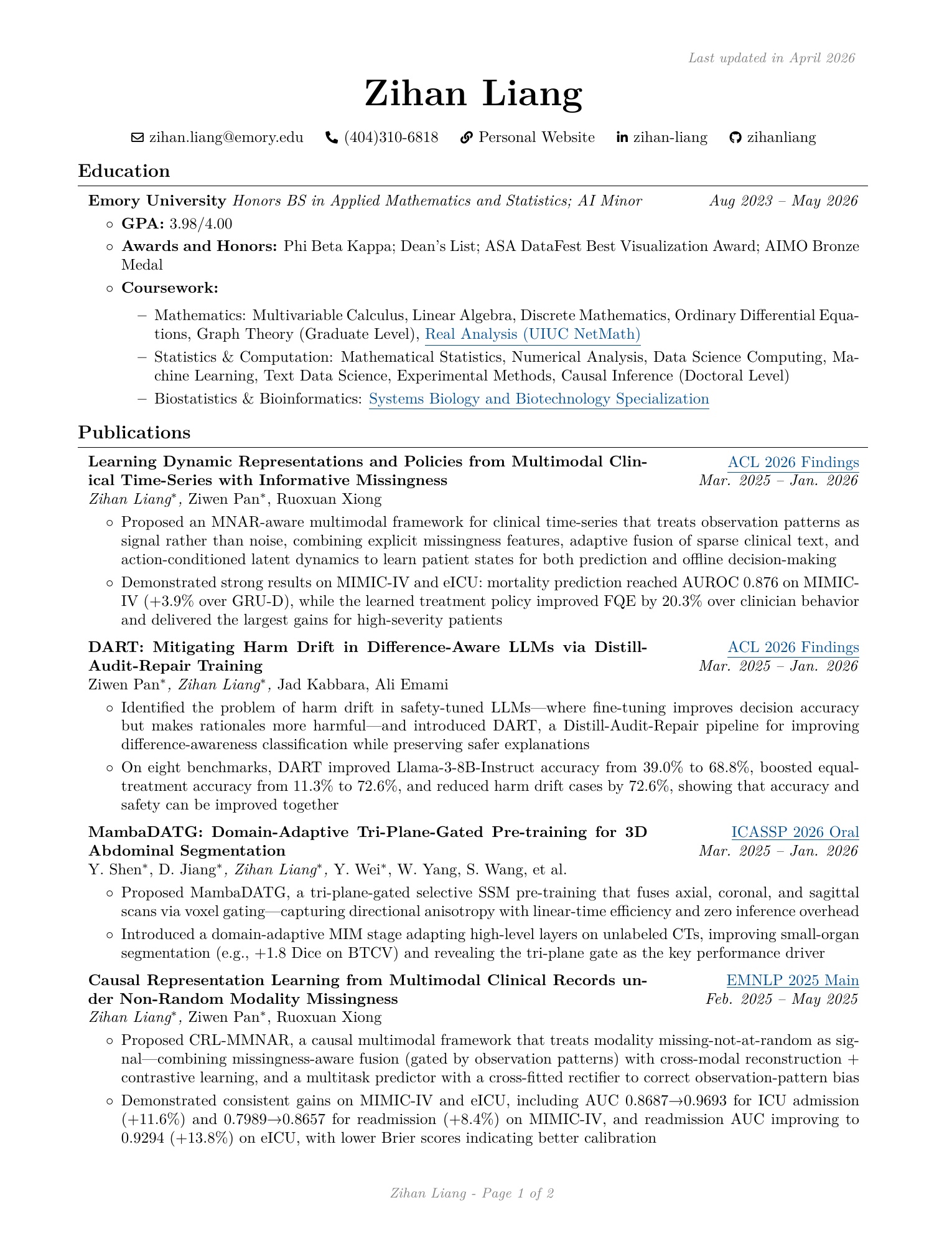 Preview of the first page of Zihan Liang's curriculum vitae.