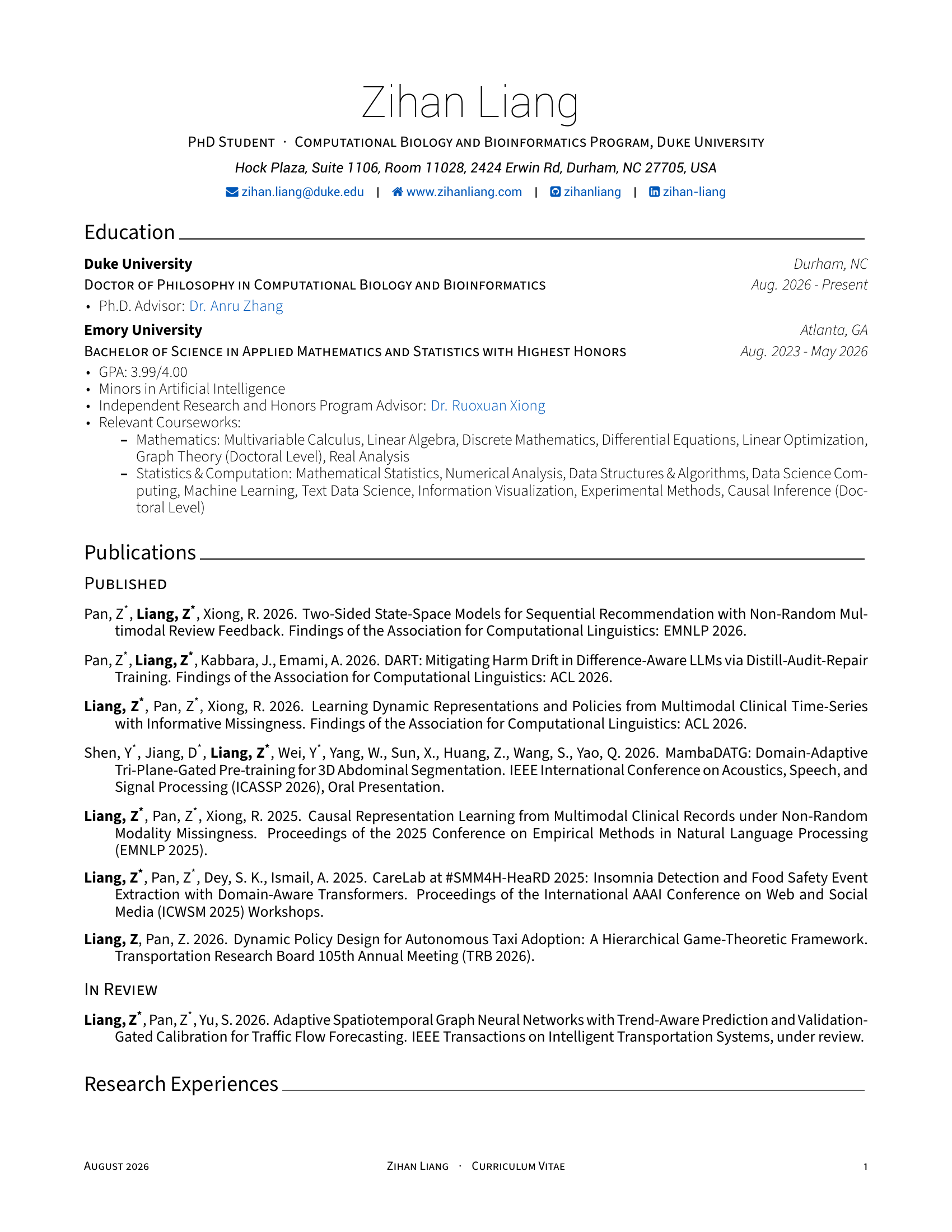 Preview of the first page of Zihan Liang's curriculum vitae.